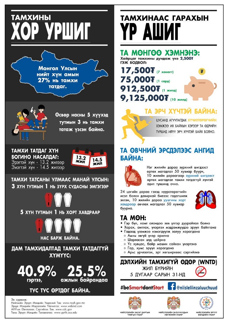 Инфографик: Монгол Улсын нийт хүн амын 27 хувь нь тамхи татдаг