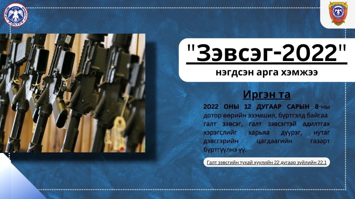 ЦЕГ: Ирэх сарын 8-наас өмнө галт зэвсгээ тооллогод хамруулаагүй иргэн торгууль төлнө